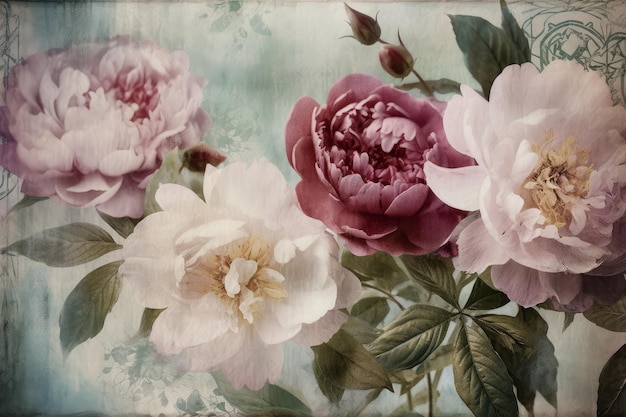 A floral picture of peonies with a green background.