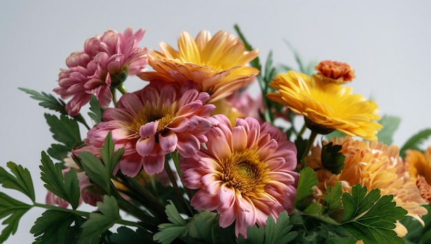 Floral Pink Blossoms Spring Flowers in White BAckground Bouquet lilies marigold