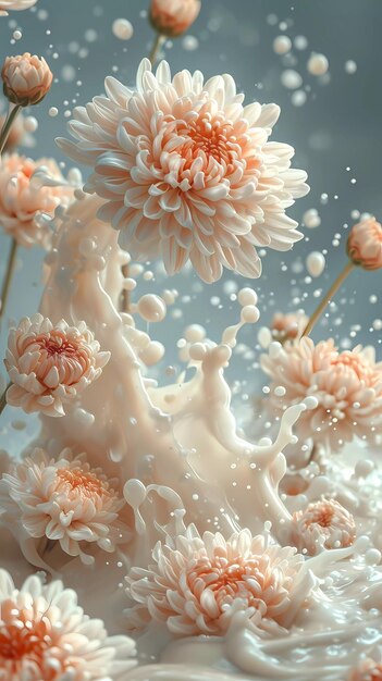 Фото Цветочный плакат несколько хризантем брызг молока твердой цвет фона светлый цвет
