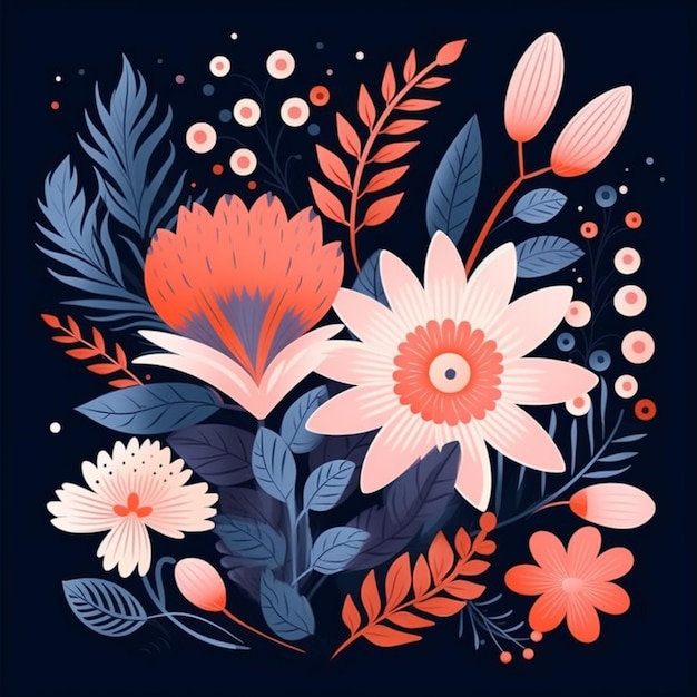 A floral poster with a blue background and a white and orange flowers.