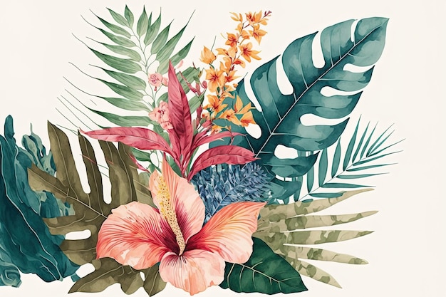 Цветочный принт с тропическим рисунком акварелью