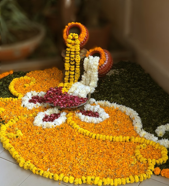 Floral rangoli at home rangoli made using flowers flower rangoli Indian decor Diwali decor