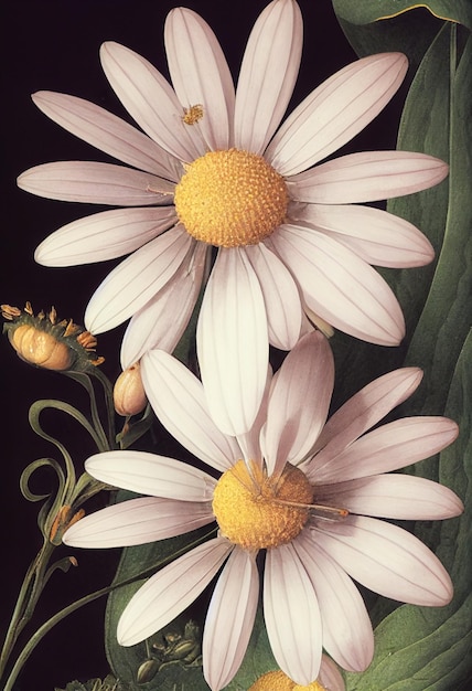 Floral realistic painting of a bunch of daisy flowers on dark background moody botanical concept