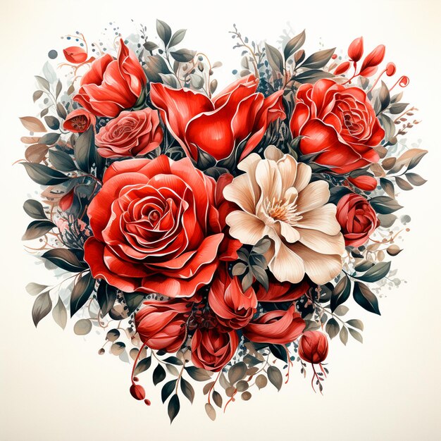 Photo floral red flowers heart bouquet valentines day love romantic isolated illustration ai generative