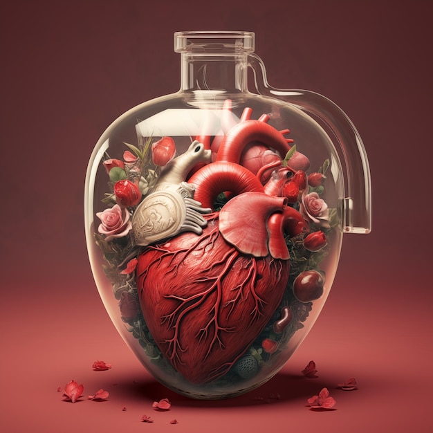 花のロマンチックな解剖学的な心臓 ガラスのボトルに花がついた赤い心臓