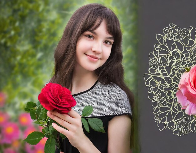 floral romantic card with a beautiful girl and a rose