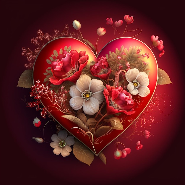 Floral romantic heart and flowers Vintage love illustration on dark background