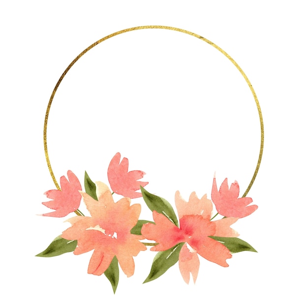 Floral round frame with orange flowers and gold texture Hand drawn watercolor illustration