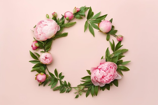 Floral round frame wreath made of a lot of peonies flower buds and green leaves Generative AI