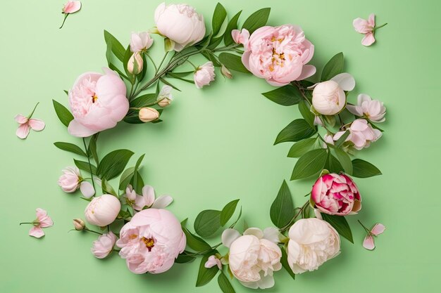 Floral round frame wreath made of a lot of peonies flower buds and green leaves Generative AI