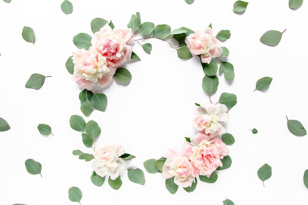 Floral round frame wreath made of pink and beige peonies flower buds eucalyptus branches and leaves
