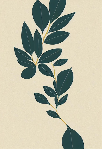 Floral scandinavian minimalist 2d illustration of a branch with\
green leaves copy space botanical