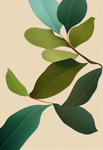 Floral Scandinavische minimalistische 2d illustratie van een tak met groene bladeren kopiëren ruimte botanisch