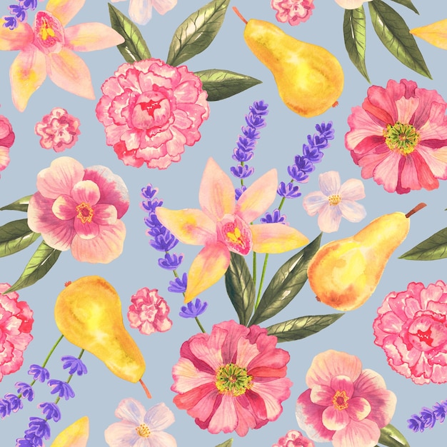 Цветочный бесшовный фон Узор с красивыми акварельными цветами пиона и груши Ботаническая ручная иллюстрация Текстура для печатной ткани текстильной упаковки