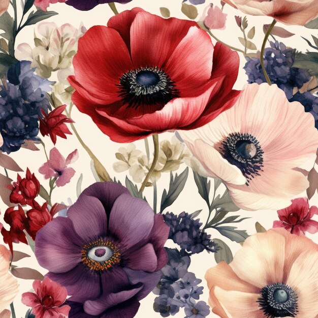 Floral seamless pattern of anemones Watercolor elegant flowers abstract background Generative AI