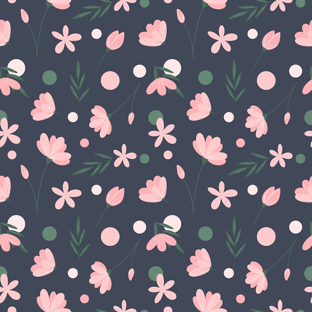 Floral seamless pattern on grey background Pink flowers green leaves and circles repeat print