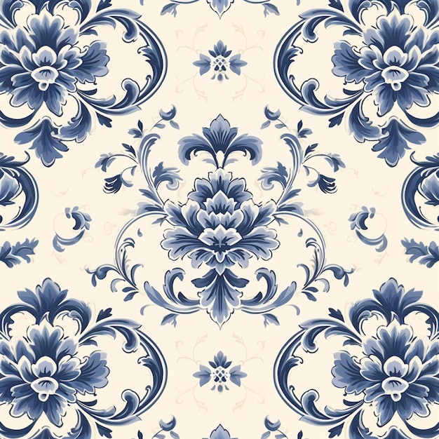 A floral seamless pattern illustration in blue and beige