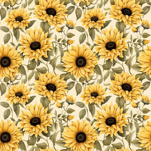 floral seamless pattern of many watercolor sunflowers and leaves