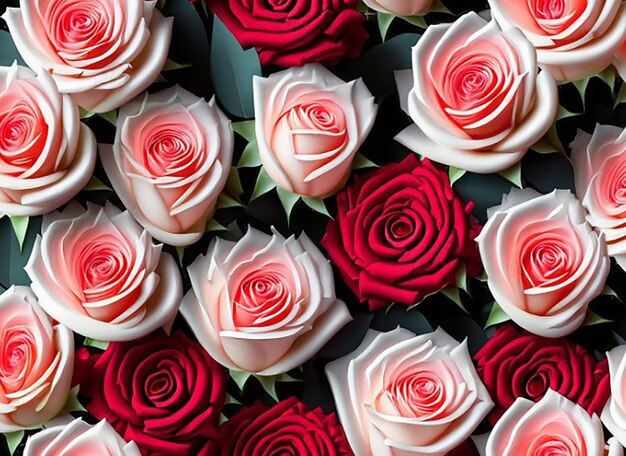 Floral seamless pattern of red and white beautiful rose flower on isolated white background