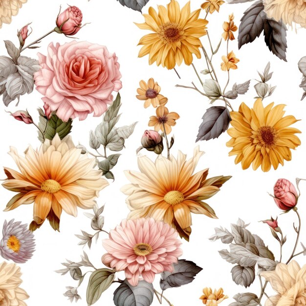 Floral seamless pattern tiles rose sunflower lilac flowers pattern