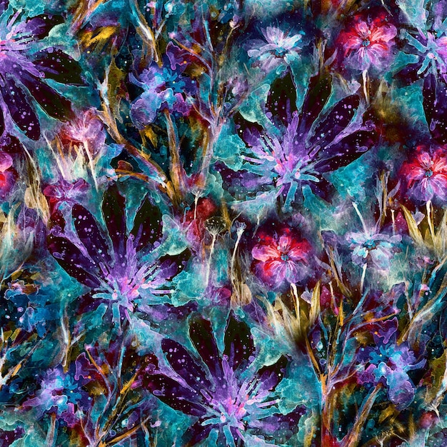 花のシームレスなパターン水彩アートワークの背景花とハーブボヘミアン自由奔放に生きるスタイルのプリント抽象的な牧草地フィールド感情的な絵画