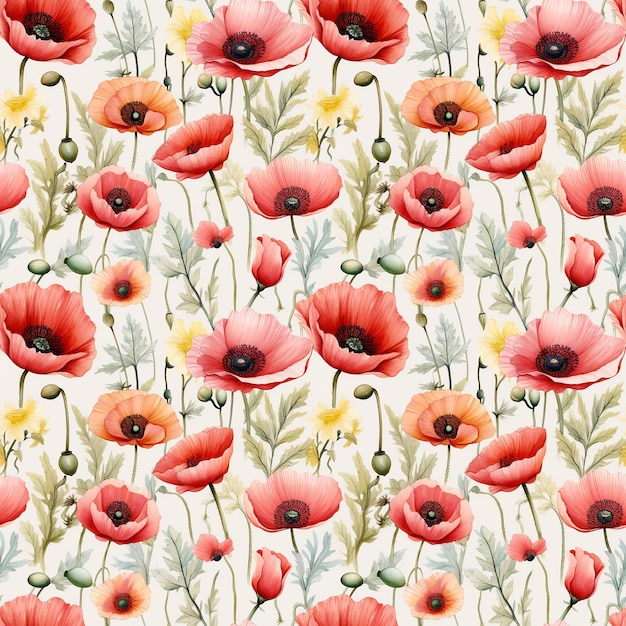 floral seamless pattern of watercolor red poppy flowers repeated print for textile