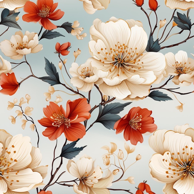 Floral Seamless Pattern White Flowers and Red Leaves on Blue Background