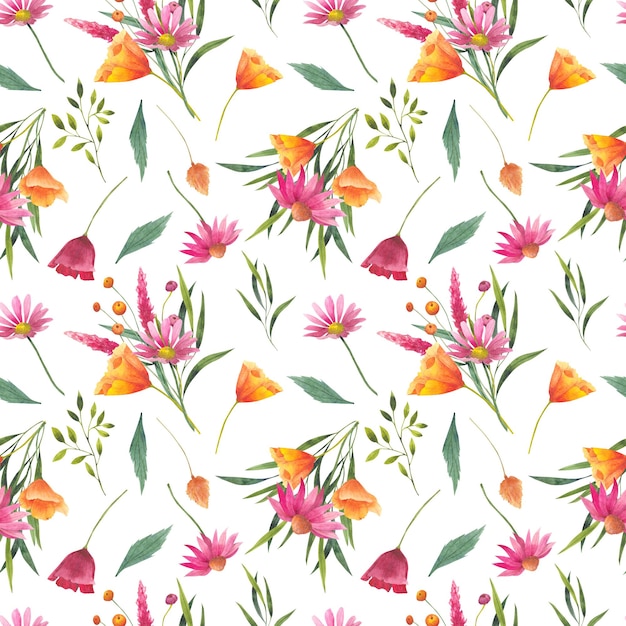 Floral seamless pattern with abstract wildflowers california poppies plants and delicate branches watercolor print isolated on white background for textile or wallpapers illustration