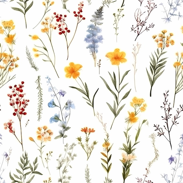 Photo floral seamless pattern with abstract wildflowers plants and delicate branches watercolor isolated on white background for textile generative ai