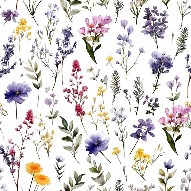 Floral seamless pattern with abstract wildflowers plants and delicate branches watercolor isolated on white background for textile Generative ai