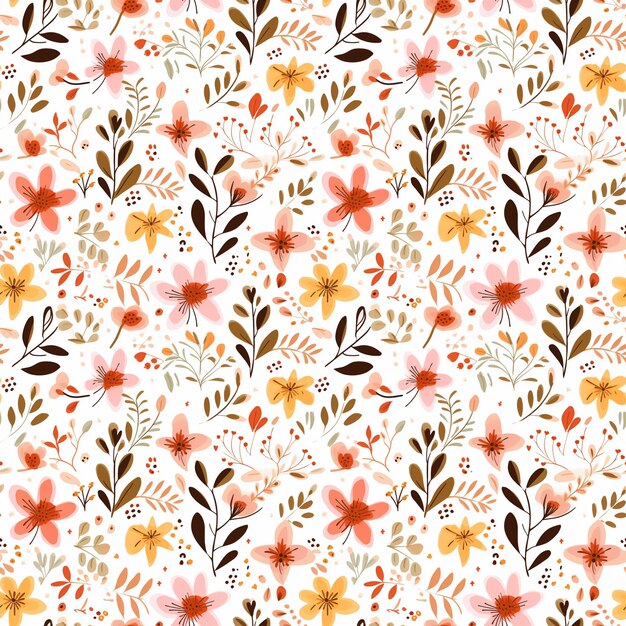 Floral seamless pattern with flat lay flowers on white background