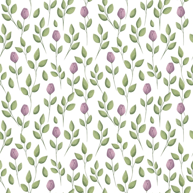 Floral seamless pattern with roses and leaves on white