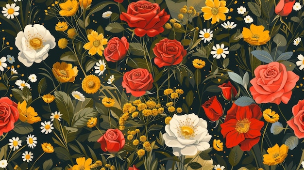 Floral seamless pattern with roses and meadow flowers