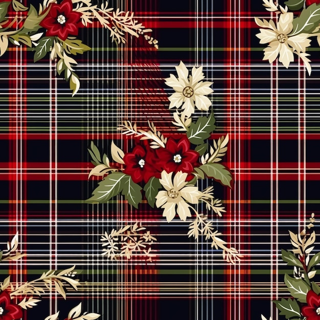 Floral seamless plaid tartan check pattern with flowers tileable country style print for wallpaper wrapping paper scrapbook fabric and product design idea