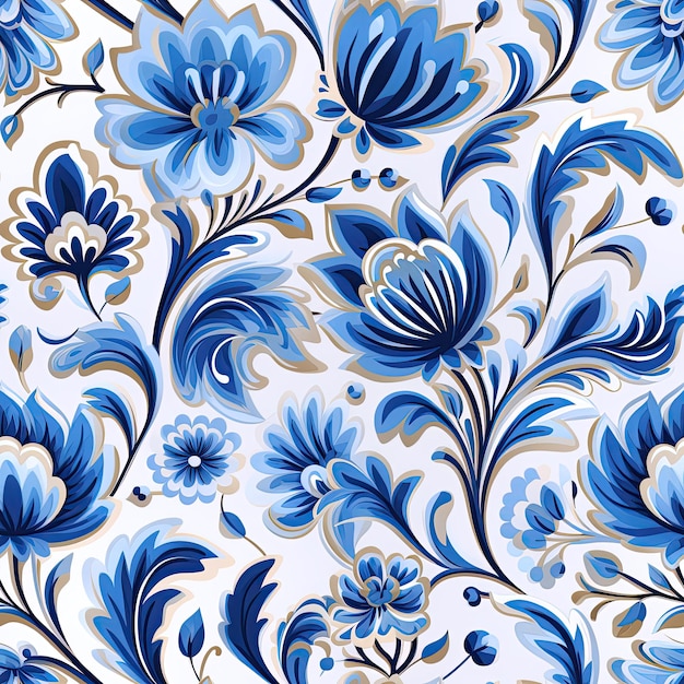 floral seamless texture pattern with blue flowers on white background for traditional russian carpet and fabric decor