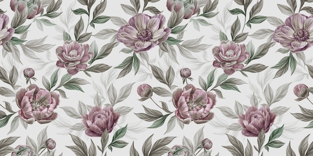 Photo floral seamless vintage pattern with peony flowers, anemone, leaves