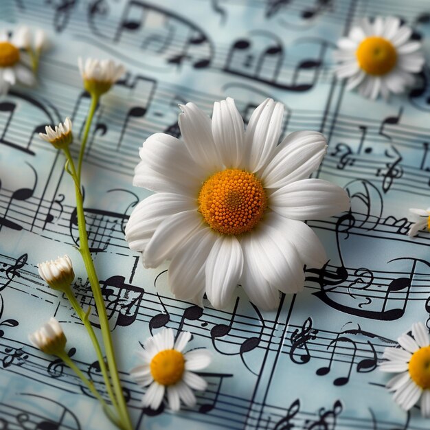 Photo floral serenade daisy surrounded by musical notes sheets in artistic arrangement for social media po