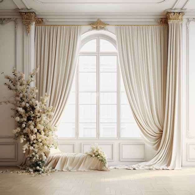 ゴージャスな家具とブルーを備えた美しい白い部屋のフローラル セレニティ黄金比構成