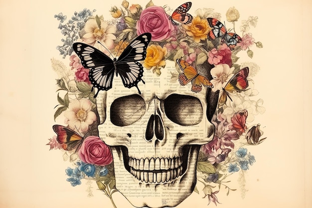 Floral skull and butterfly junk journal art print on beige vintage medical book page for wall art