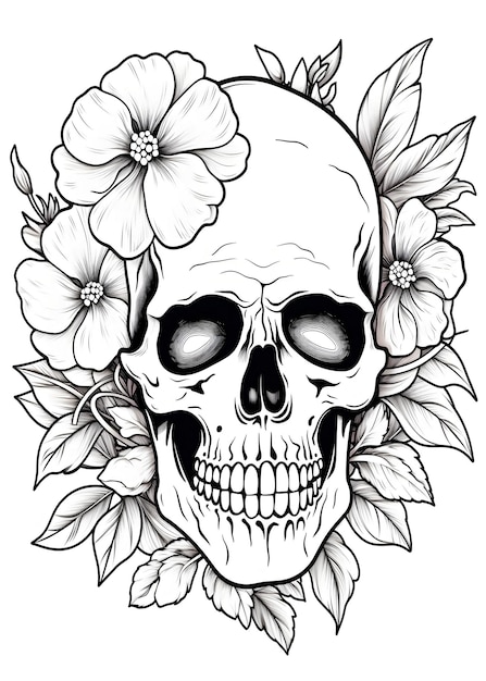 Foto floral skull coloring page sugar skull outline coloring page skull with flowers line art for coloring page skull coloring book skull coloring pages ai generative