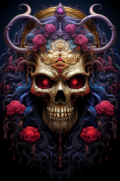 floral skull head illustration