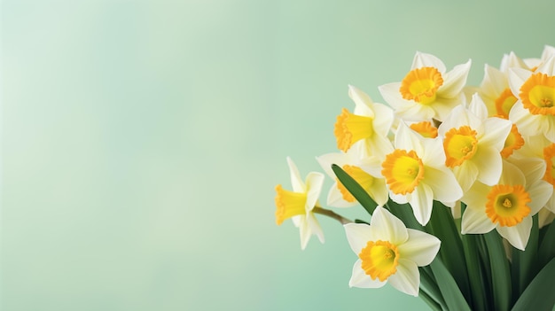 Floral spring background with bunch of daffodils Copy space