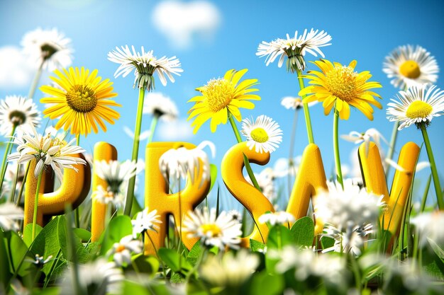 Foto sfondi tipografici floreali a primavera con denti di leone e camomille