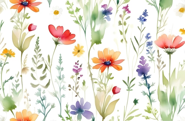 Floral summer background with wildflowers Watercolor wildflowers Background for printing