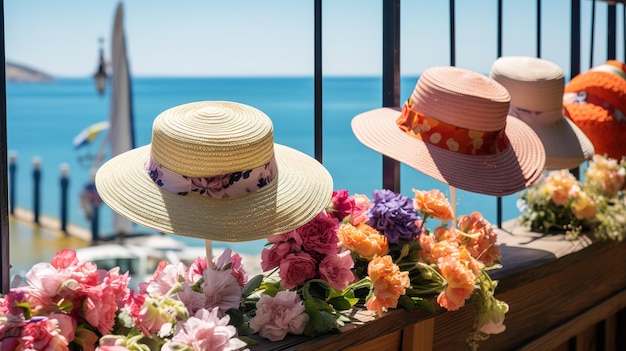 밝은 낮에 바다를 내려다보는 가게에서 꽃꽃 여름 모자