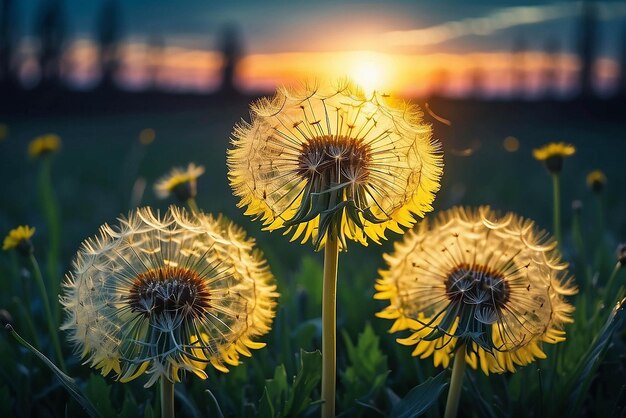 Floral summer spring background Yellow dandelion flowers closeup in a field on nature on a dark blue green background in evening at sunset Colorful artistic image free copy space