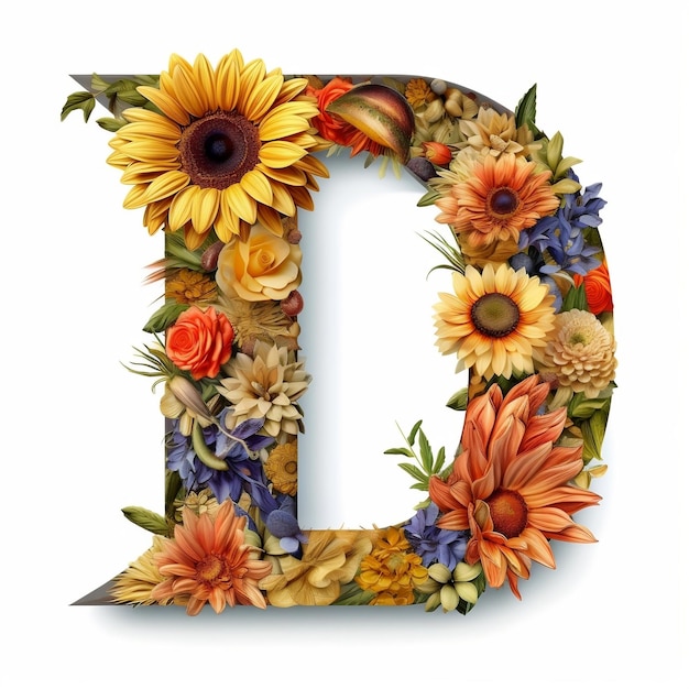 Floral and sunflower colorful illustration letter D Generative AI