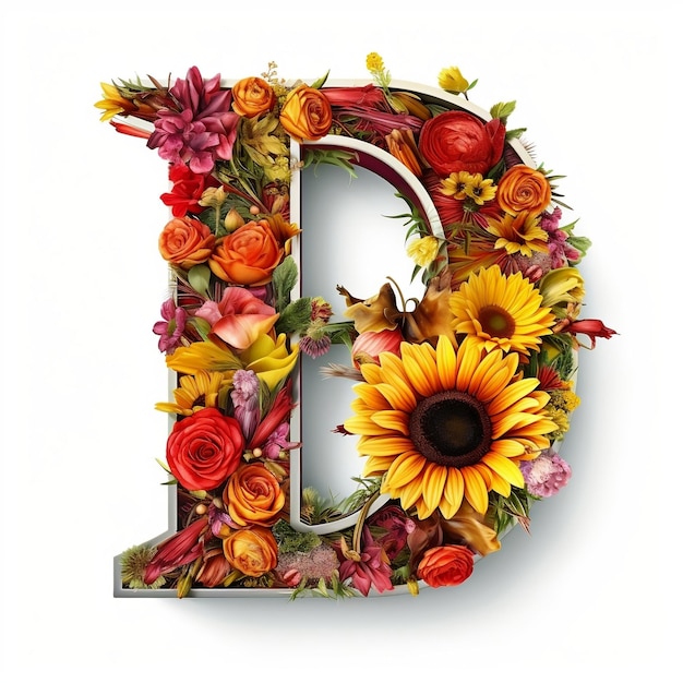 Floral and sunflower colorful illustration letter D Generative AI