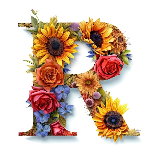 Floral and sunflower colorful illustration letter R Generative AI