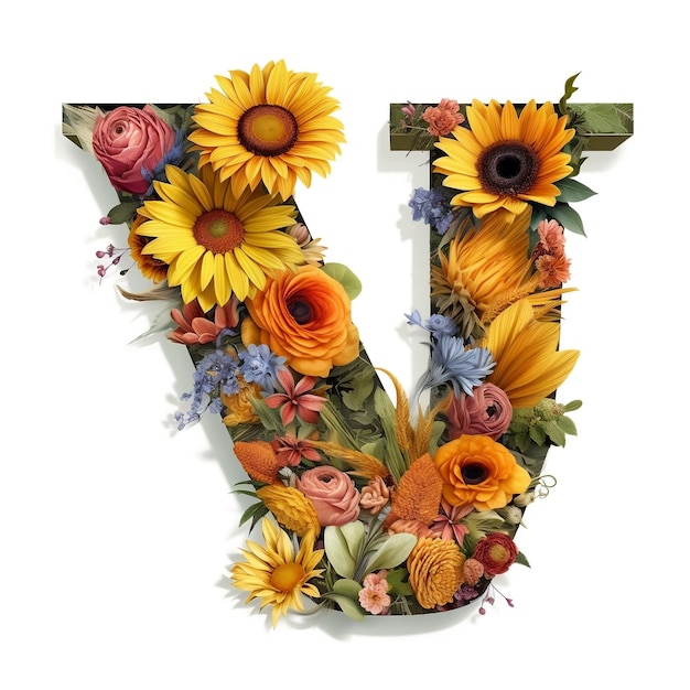 Floral and sunflower colorful illustration letter V Generative AI